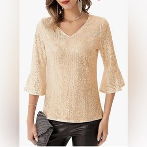 Grace Karin Gold Sequin Cut Out Blouse